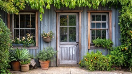 Poster - A charming rustic house with a wooden door and flower pots, surrounded by greenery.