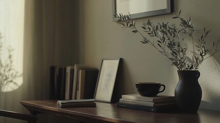 Poster - A serene indoor scene featuring a wooden table with books, a cup, and a vase of greenery.