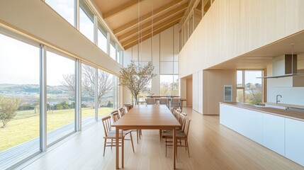 Poster - A modern dining area with large windows, wooden elements, and a scenic outdoor view.