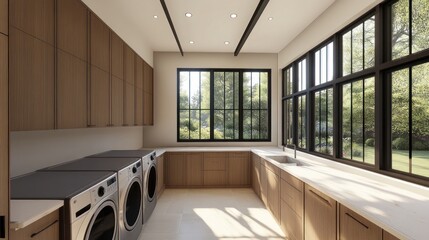 Poster - Modern laundry room with large windows and wooden cabinetry.