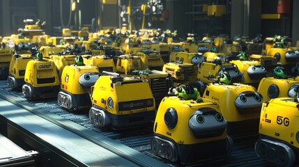 Poster - Scene from a smart factory featuring autonomous robots collaborating to optimize logistics, illustrating the significant impact of 5G technology on industrial processes.