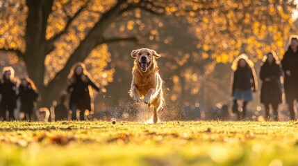 Poster - A joyful dog runs through a park filled with autumn leaves and people in the background.