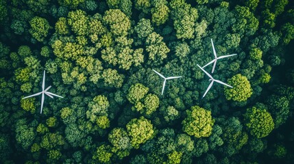 Canvas Print - Aerial view of wind turbines amidst lush green forests, highlighting renewable energy and nature.