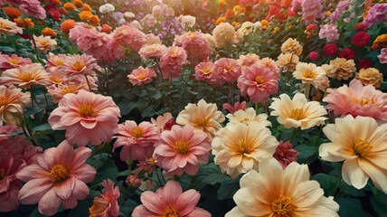 A vibrant garden of giant blooming flowers in shades of orange, pink, and white, creating a stunning, colorful floral display under a clear blue sky...