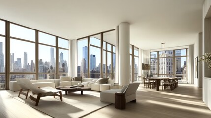 Wall Mural - Modern living room with panoramic city views and contemporary furniture.