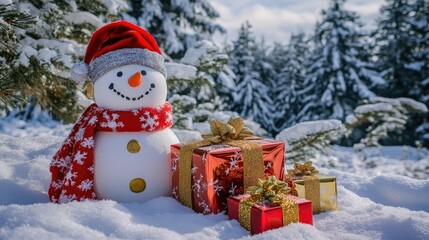 Wall Mural - Snowman and holiday gift boxes placed in a snowy winter wonderland, with snow-covered trees in the background.