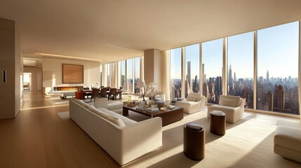 Canvas Print - A modern living room with large windows showcasing a city skyline at sunset.