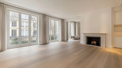 Sticker - A spacious, modern living room with large windows and a fireplace.