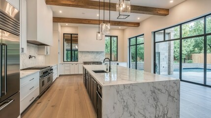 Wall Mural - Modern kitchen with marble countertops and wooden beams, featuring large windows and open space.