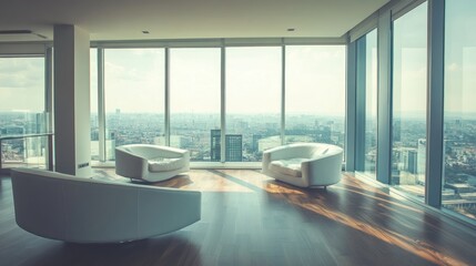 Poster - Modern lounge with panoramic city view through large windows.