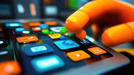 Poster - A 3D cartoon hand designing a mobile app interface, tweaking icons and buttons, representing the creative process of web design.