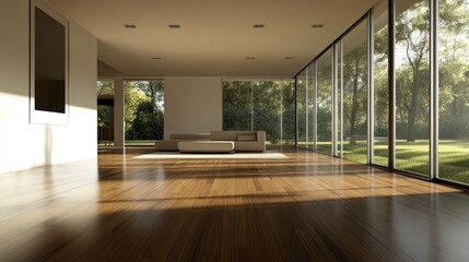 Poster - Modern living room with large windows and wooden flooring, surrounded by nature.