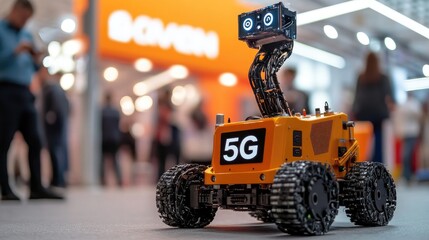 Poster - A close-up of a robotic transport vehicle in a smart factory, emphasizing the integration of advanced technology and 5G for improved industrial workflows.