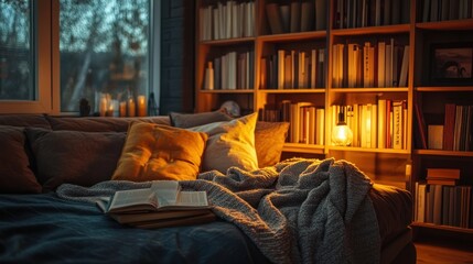 Poster - Cozy reading nook with warm lighting, books, and a blanket.