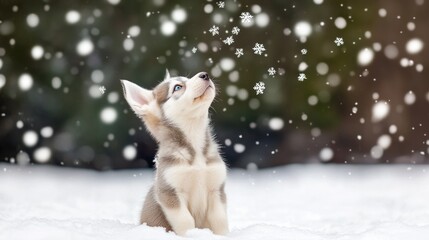 Poster - A playful puppy gazes at falling snowflakes in a winter landscape.