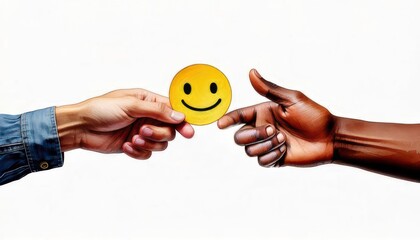 diversity hands exchanging a yellow smiley symbol, minimalist watercolor illustration