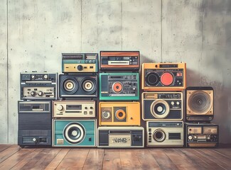 A collection of vintage boomboxes and tape recorders from the 1980s, arranged in an artistic display on a wooden floor against a concrete wall 