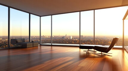 Wall Mural - Modern living room with large windows showcasing a city skyline at sunset.