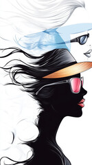 Silhouette of a woman with windblown hair wearing sunglasses.