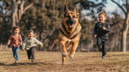 Canvas Print - A joyful scene of children running with a dog in a park.