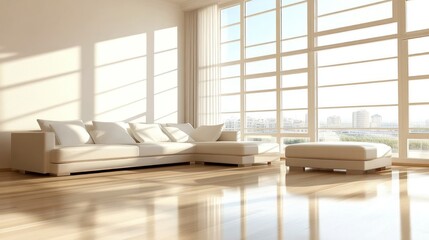 Sticker - Bright, modern living room with large windows and minimalist furniture.