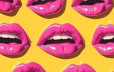 Seamless pattern of pink lips on a yellow background. Fashionable and trendy background with many open-mouth expressions