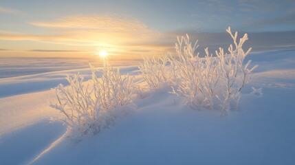 Frost-Covered Branches Emerging from a Snowy Landscape at Sunrise