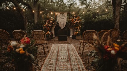 Canvas Print - A beautifully decorated outdoor wedding ceremony setup with chairs, floral arrangements, and lights.