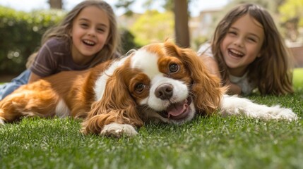 Sticker - Two smiling girls play with a happy dog on green grass in a sunny outdoor setting.