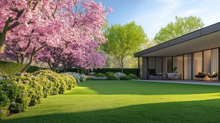 Sticker - A serene garden with blooming trees and modern architecture.