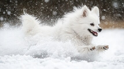 Wall Mural - A playful white dog joyfully running through the snow, creating a lively winter scene.