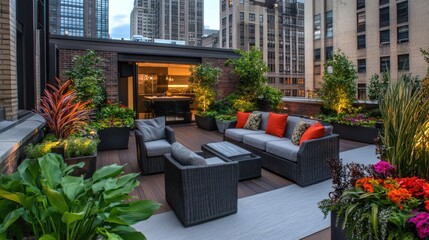 Canvas Print - A stylish rooftop terrace with seating and lush greenery for relaxation and social gatherings.