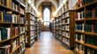 © VistaVisions - Blurred public library bookstore interior space, blurry storage room with bookshelves by defocused effect. Education training concept macro background