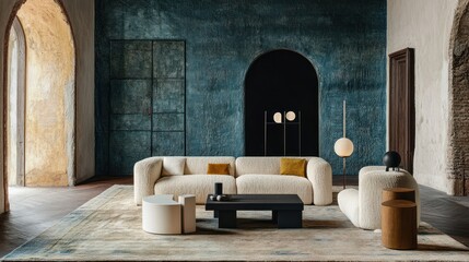 Poster - Modern living room featuring a cozy sofa, stylish furniture, and artistic decor.