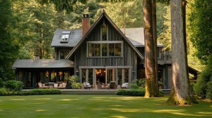 Wall Mural - A serene wooden house surrounded by lush greenery and tall trees.