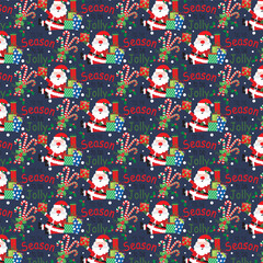 Wall Mural - Christmas seamless pattern with Santa, candy cane and gifts