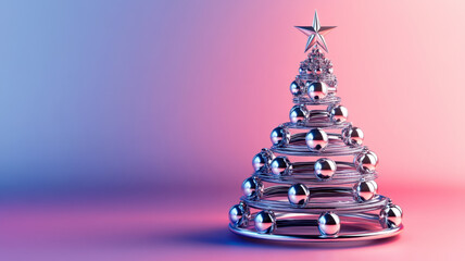 Modern metallic christmas tree with silver ornaments and star on gradient background