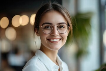 Wall Mural - A Close-Up Portrait of a Smiling Woman Wearing Glasses