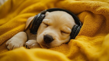 Wall Mural - a cute puppy dog wearing headphones sleeping on a yellow blanket