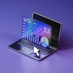 Poster - minimal 3d render of laptop icon with graphs