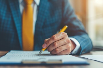 Businessman writing notes with a yellow pen while wearing a blue checkered suit and yellow tie