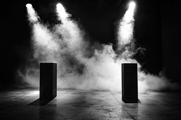 Fototapete - Dark background, concrete floor with smoke and fog, dark scene, spotlights on the ground, background for product presentation