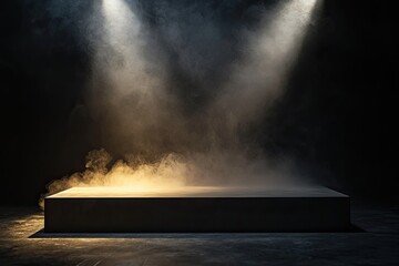 Dark background, concrete floor with smoke and fog, dark scene, spotlights on the ground, background for product presentation