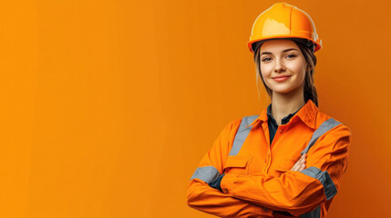 Woman in orange uniform and hard hat, inspecting construction site with blueprints in hand. Cranes and workers visible in the background.