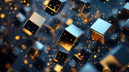 Abstract Gold and Blue Metallic Cubes with Glimmering Particles