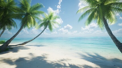 Two palm trees on a tropical beach with a view of turquoise water.