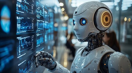 Poster - Futuristic Robot Analyzing Data on Touchscreen Display