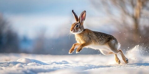 A cute rabbit hopping in a snowy landscape, rabbit, snow, winter, animal, wildlife, fluffy, white, cold, nature, fluffy tail