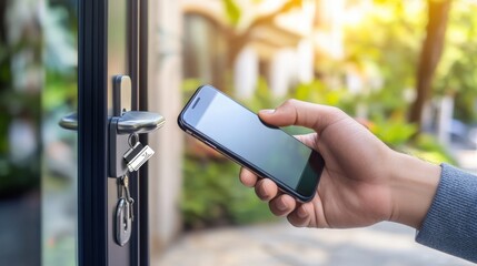 Poster - Hand using smartphone to access digital door lock, integrating NFC tech, keycards, and PIN codes for a secure, contactless home.