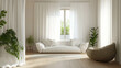 © น้ำฝน สามารถ - Cozy living room with wooden floor, white furniture, and greenery, AI generative..